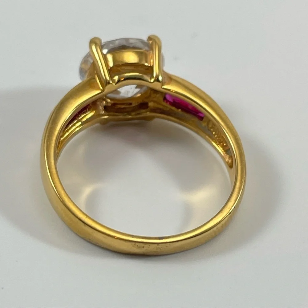 Stunning Red Ruby White Round Cut CZ Gold Plated Ring Bling Statement Sz 9